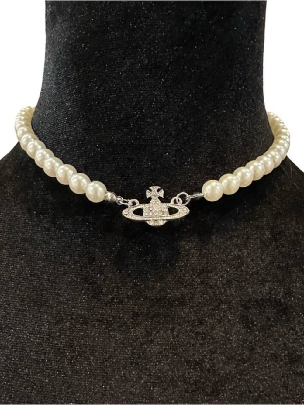 Saturn Planet Necklace White Faux Pearl Silver Tone Pendant 15 - 17 Inch Choker